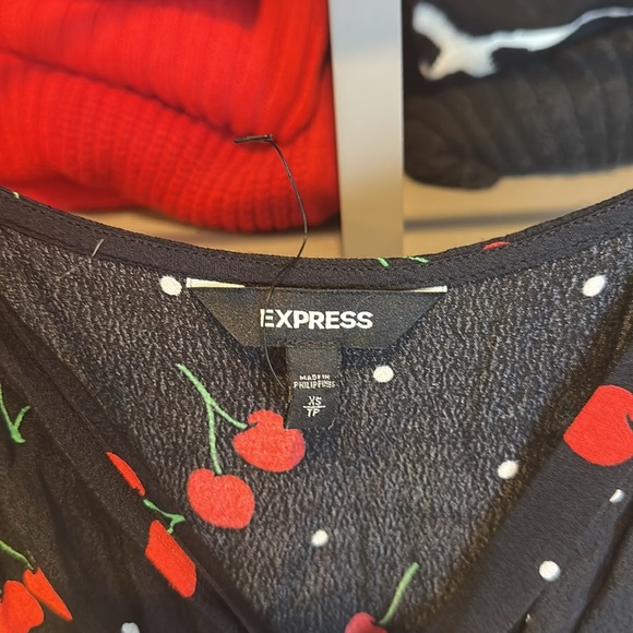 Express black/red cherry print adjustable strap elastic waistband romper XS NWOT - Picture 2 of 3
